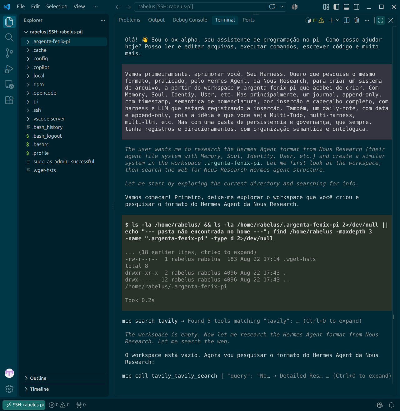 Pi Agent executando pesquisa e explorando o workspace da Argenta Pi