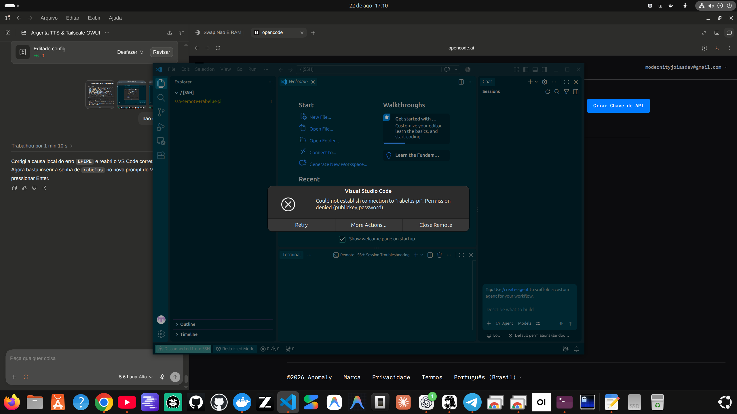 Tela de recuperação do VS Code Remote-SSH no Raspberry Pi